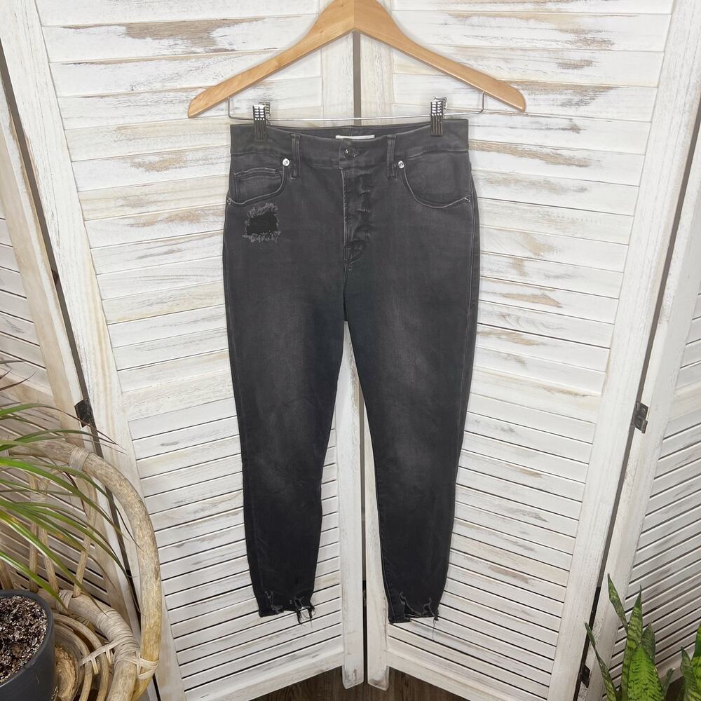 GOOD AMERICAN Women's Good Waist Skinny Jeans High Rise Black Distressed 2 / 26